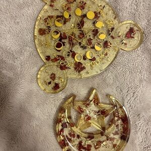 Handmade Epoxy Gold and Red Rose Petal, Moon Phase Candle Holder and Tray Set
